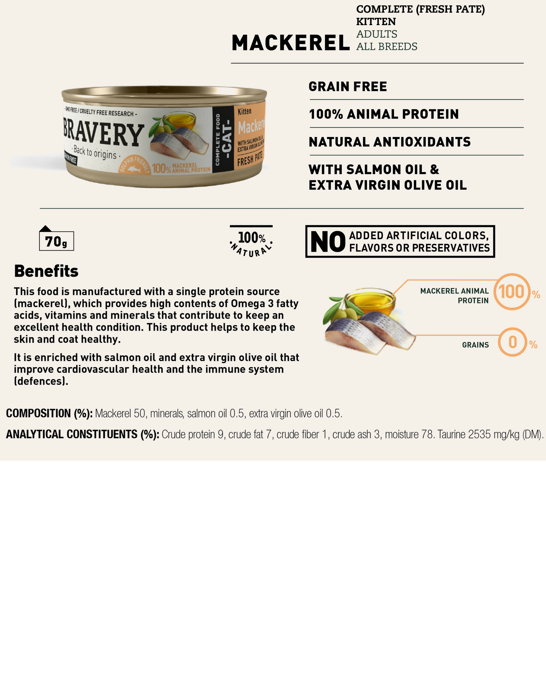 Single-protein wet cat food with 50% mackerel, enriched with omega-3, salmon oil and extra virgin olive oil for healthy skin, coat and immunity.