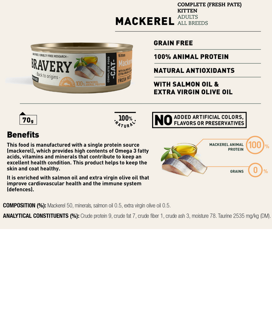 Single-protein wet cat food with 50% mackerel, enriched with omega-3, salmon oil and extra virgin olive oil for healthy skin, coat and immunity.