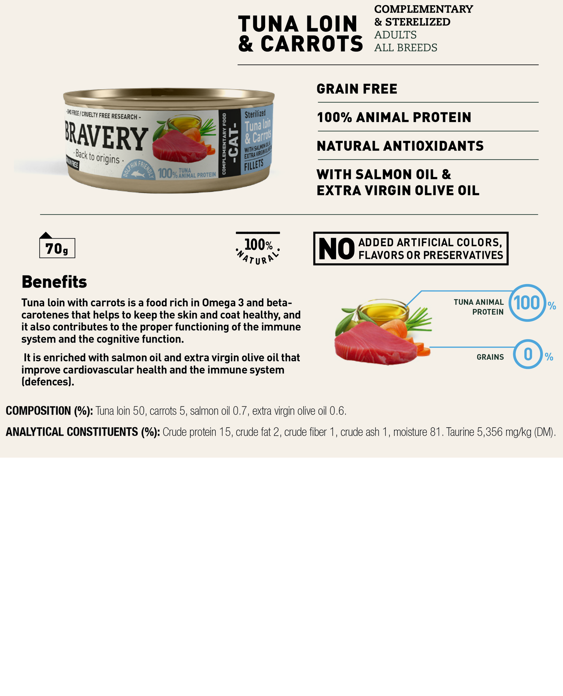 Complete wet food for sterilized cats made with tuna loin and carrot, enriched with omega-3, salmon oil and extra virgin olive oil