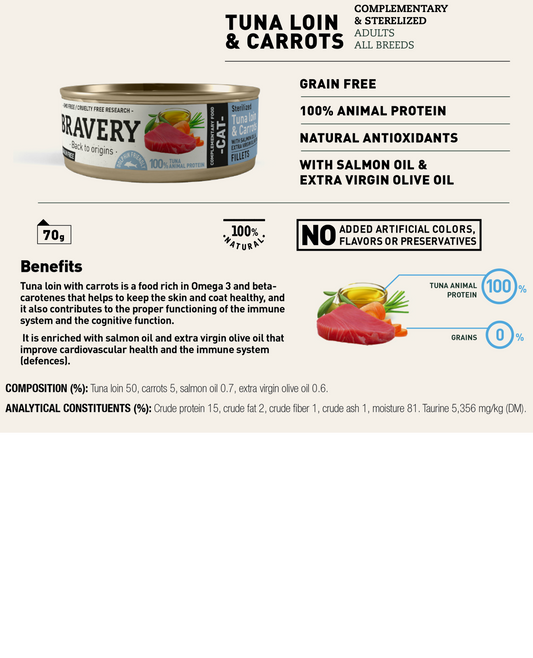 Complete wet food for sterilized cats made with tuna loin and carrot, enriched with omega-3, salmon oil and extra virgin olive oil