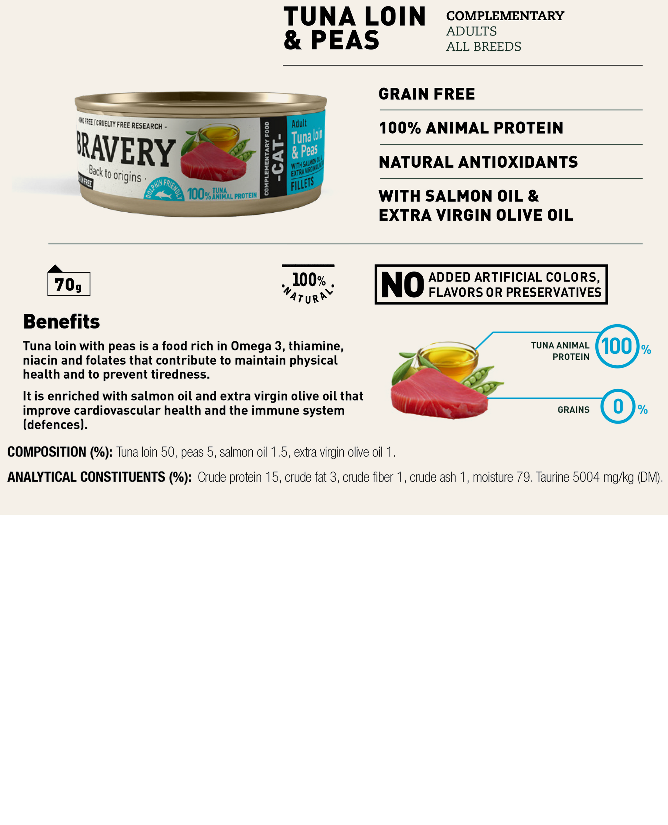 BRAVERY Tuna Loin & Peas (With Salmon Oil & Extra Virgin Olive Oil) - Sterlized Cat