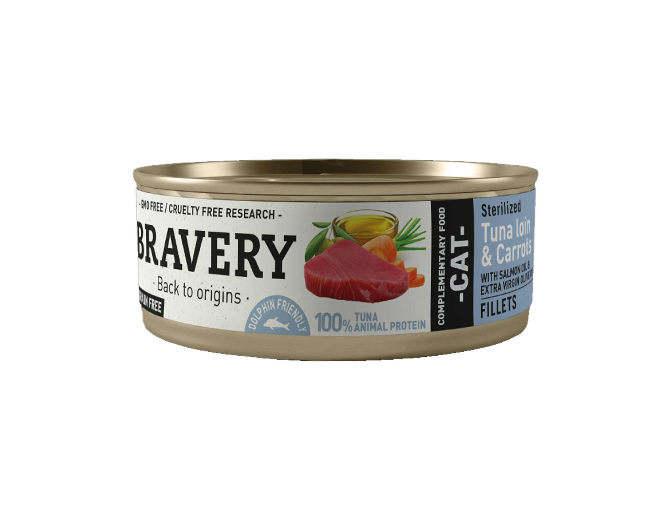 Complete wet food for sterilized cats made with tuna loin and carrot, enriched with omega-3, salmon oil and extra virgin olive oil