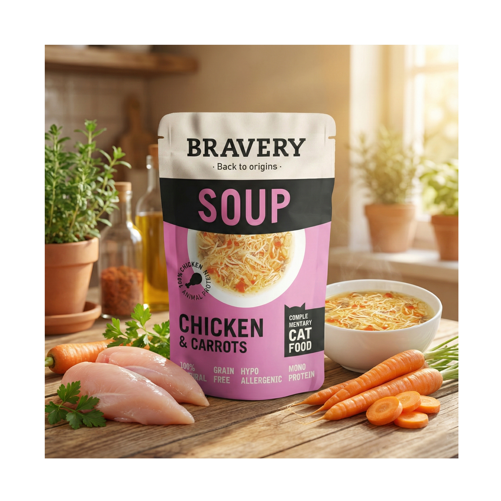 Bravery Hypoallergenic Grain-Free Cat Food Chicken_Carrots recipe bag – natural nutrition for sensitive cats