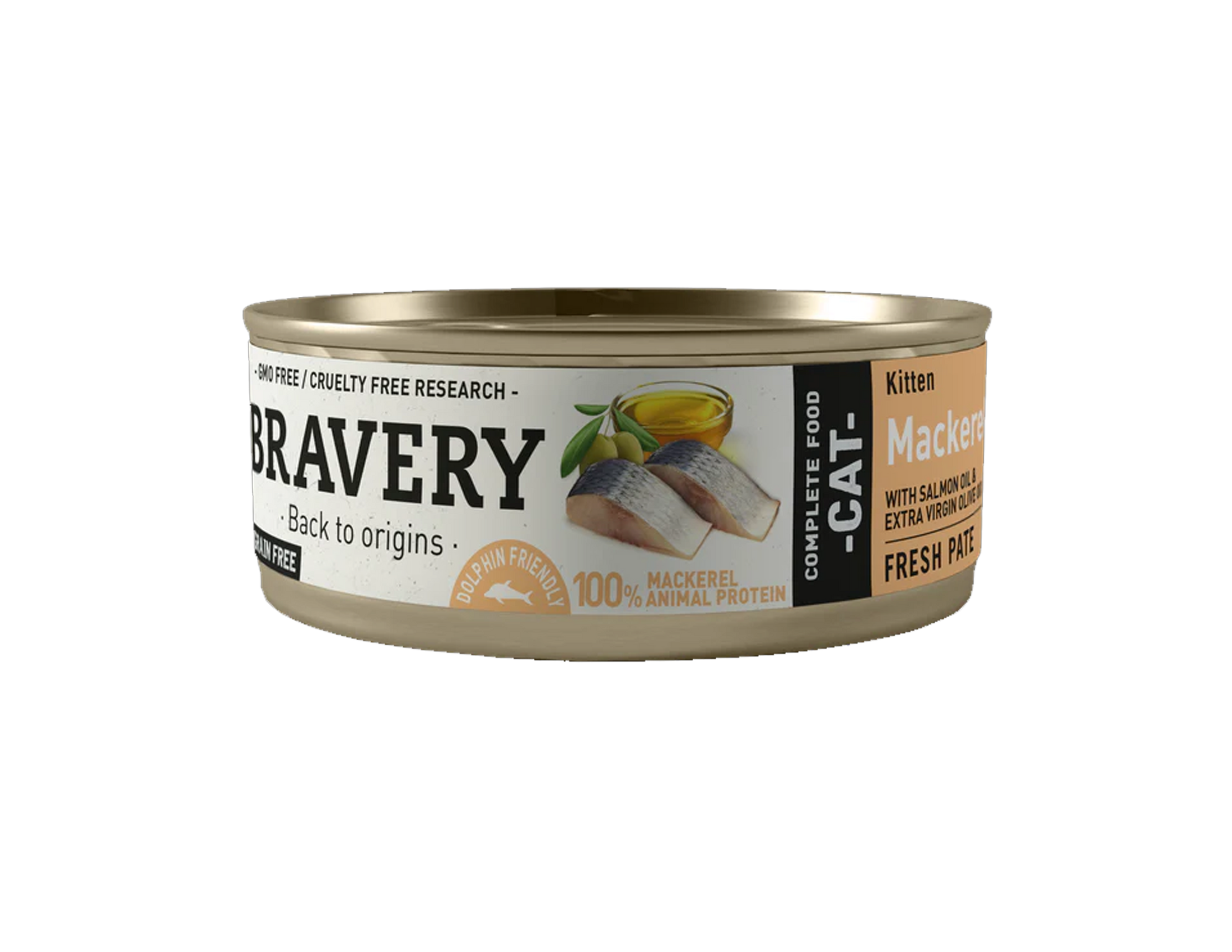 Single-protein wet cat food with 50% mackerel, enriched with omega-3, salmon oil and extra virgin olive oil for healthy skin, coat and immunity.