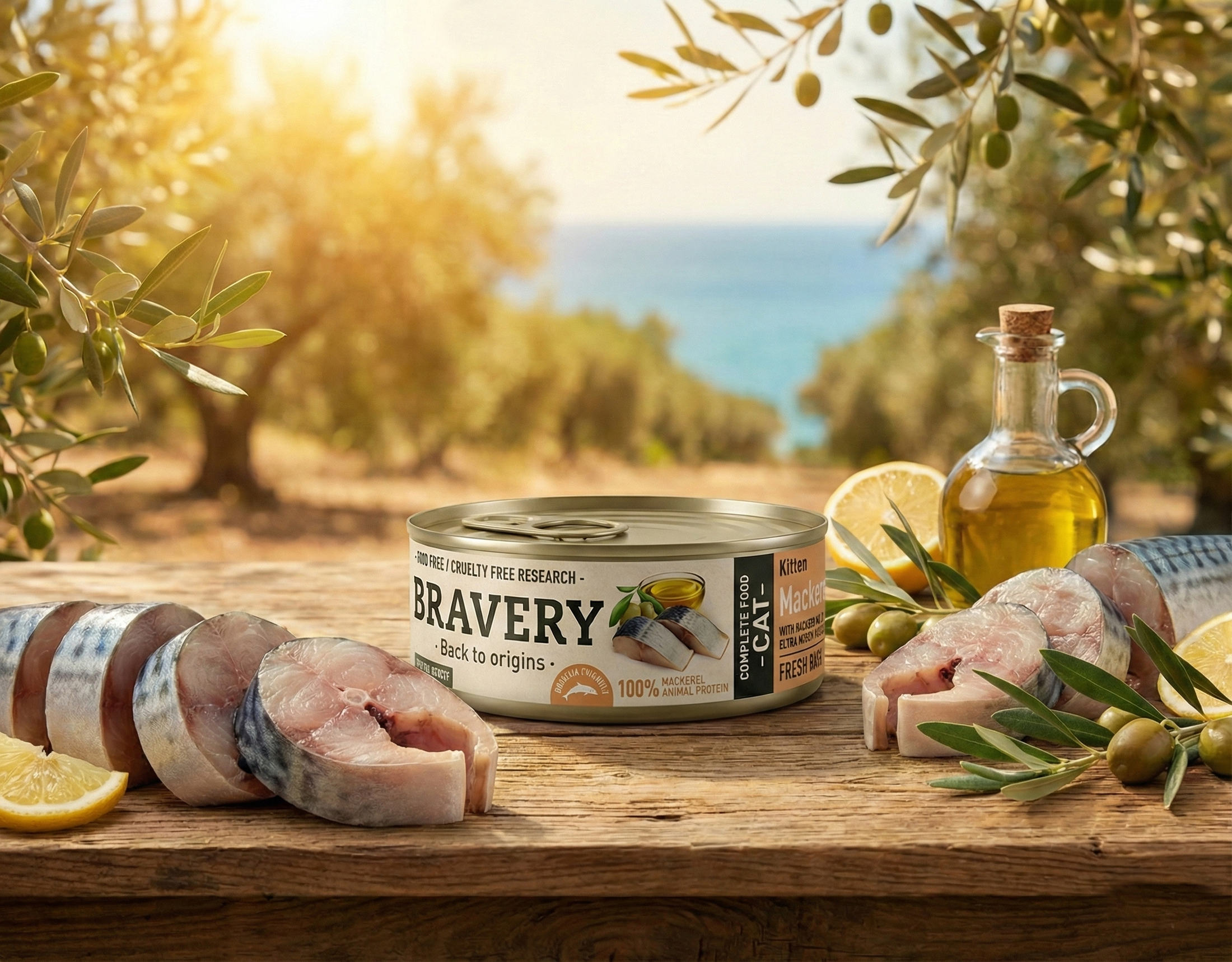 Single-protein wet cat food with 50% mackerel, enriched with omega-3, salmon oil and extra virgin olive oil for healthy skin, coat and immunity.