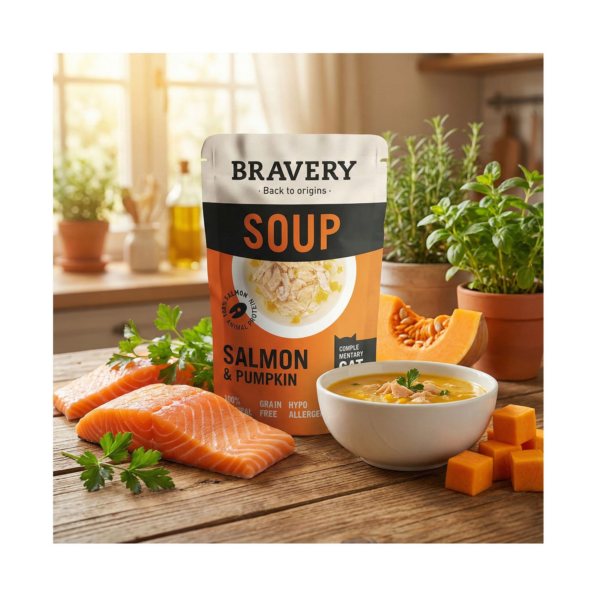Bravery Hypoallergenic Grain-Free Cat Food Salmon & Pumpking recipe bag – natural nutrition for sensitive cats