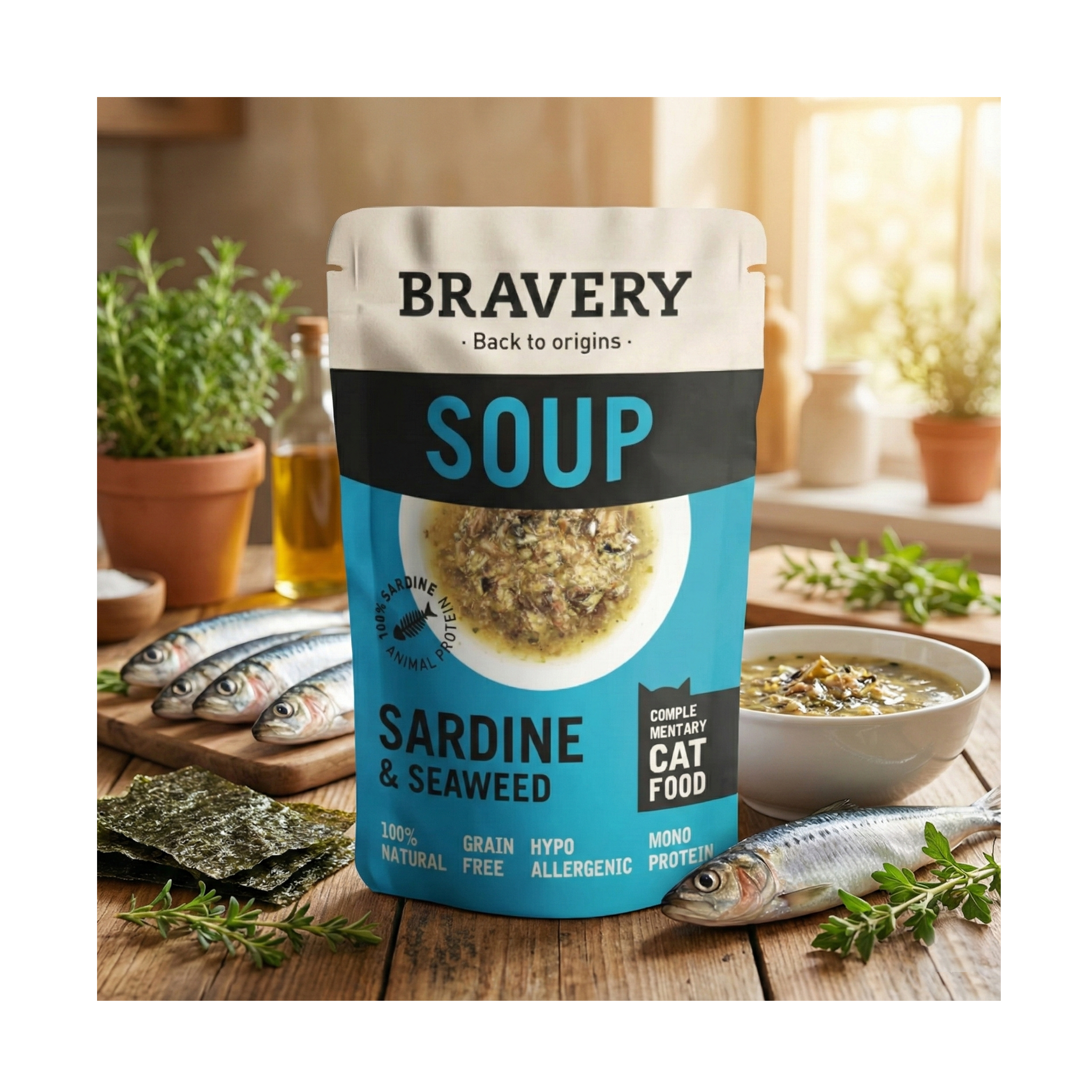 Bravery Hypoallergenic Grain-Free Cat Food Sardine & Seaweed recipe bag – natural nutrition for sensitive cats