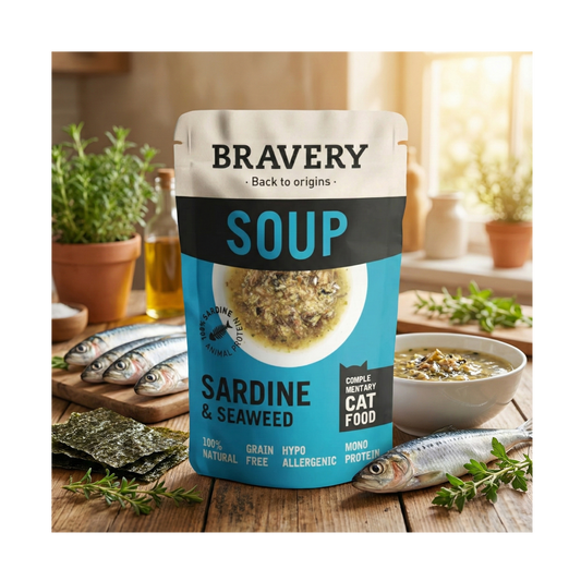 Bravery Hypoallergenic Grain-Free Cat Food Sardine & Seaweed recipe bag – natural nutrition for sensitive cats
